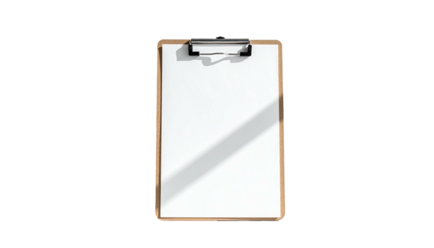 Clipboard holding white paper on black background, slight shadow
