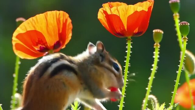 Cute Chipmunk with Poppy Flower: adorable rodent smelling orange poppy in green meadow. Wildlife photography of chipmunk in natural environment.