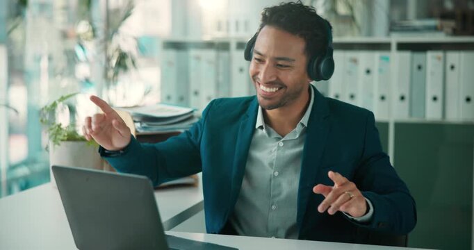 Businessman, headphones and dancing in office with laptop for profit growth, music playlist or song. Happy person, audio tech and computer in workplace for streaming track, album or revenue increase.