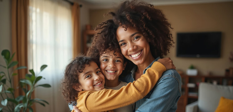 Smiling african mom hugs two kids in living room. Happy mother embraces children at home. Single parent family enjoy time together indoors. Love and motherhood concept with female and boys.