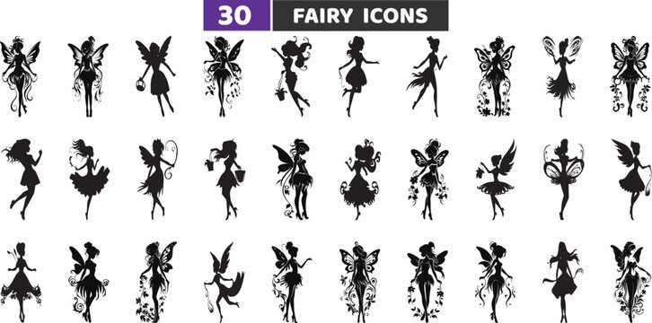 Fairy Silhouette Icons Set, Magical Pixie and Fantasy Creature Vector Collection