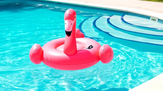 A vibrant pink flamingo float in a clear blue pool.
