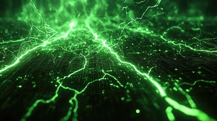 Green energy lightning illuminating abstract digital circuit board