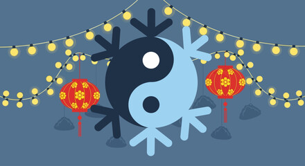 Celebrate balance and harmony with festive red lanterns and twinkling lights, perfect for Chinese New Year greetings and cultural event promotions, bringing joy and prosperity to your audience