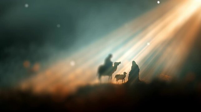 A blurred Nativity scene background with a soft, ethereal light beam providing focus, perfect for spiritual, holiday, or Christmas themes with ample copy space.