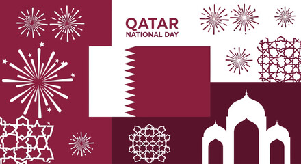 Celebrate Qatar National Day with this vibrant illustration showcasing fireworks, traditional patterns, and iconic architecture, perfect for festive promotions and cultural events