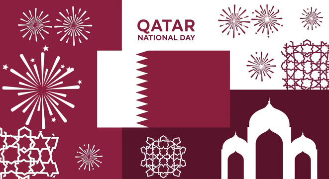Celebrate Qatar National Day with this vibrant illustration showcasing fireworks, traditional patterns, and iconic architecture, perfect for festive promotions and cultural events