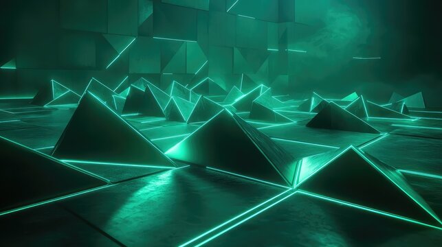 Green glowing abstract pyramids forming a futuristic geometric landscape