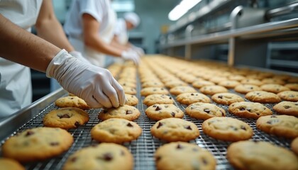 Workers in white uniforms and gloves arrange freshly baked chocolate chip cookies on cooling racks in a food factory. Large batch production line for sweet baked goods.