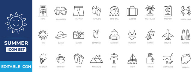 Summer Editable Line Icon Set features clean and playful line-style symbols inspired by sunshine, beach activities, travel, and warm-weather essentials.