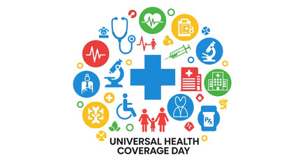 Promote universal healthcare access with vibrant icons showcasing medical equipment, hospitals, and community care, emphasizing wellness and global health support for a healthier future