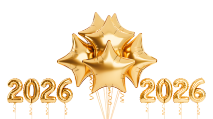 Golden 2026 balloon decorations with star balloons festive new year celebration isolated on white background