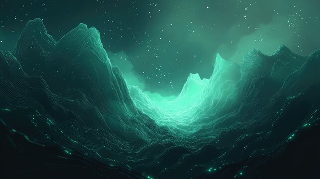 Abstract glowing teal mountains under a starry night sky