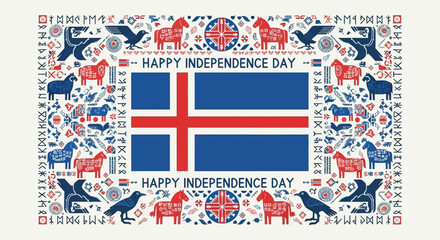 Celebrate Icelandic Independence Day with this festive folk art featuring the national flag, horses, ravens, and sheep in vibrant blue and red hues for cultural projects and patriotic designs