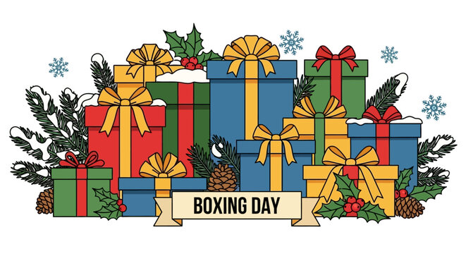 Celebrate Boxing Day with festive gifts wrapped in bright paper and tied with elegant ribbons, perfect for seasonal promotions and holiday greetings, a time for joy and giving