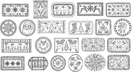 Hand-drawn Black and White Christmas and Holiday Patterns Collection featuring Reindeer, Snowflakes, Santa, Trees, and Festive Elements