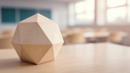 icosahedron. Wooden desk with icosahedron model in classroom, soft natural light from window. STEM education sheets, lab safety posters, designed for STEM education and laboratory safety posters.
