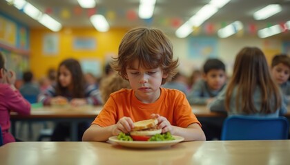 Sad young boy with his lunch sits alone at a busy school cafeteria table. He looks down at his sandwich, avoiding eye contact with other students eating around him in the background.