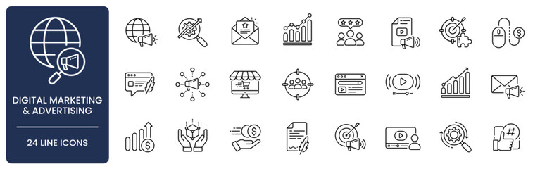 Digital Marketing and Advertising Line Icon Set with Editable Stroke. Collection of SEO, PPC, analytics, campaign, conversion, lead generation, optimization, email, social media, and target symbols.