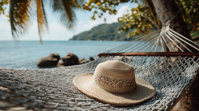 Relaxing day by the beach with a straw hat resting on a hammock overlooking the calm sea in a tropical paradise