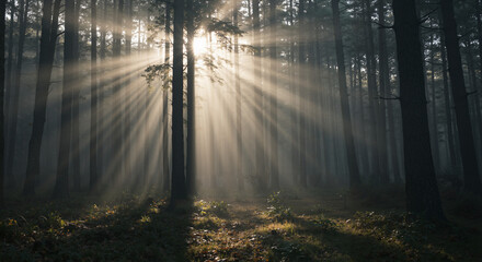 Sunlight streaming through trees in misty forest landscape  