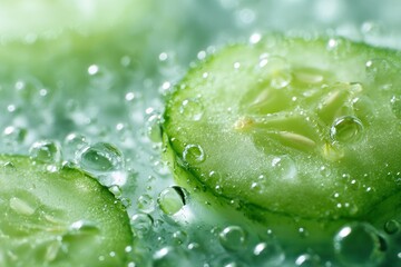 Fresh Cucumber Slices with Water Droplets - Vibrant Green Close-Up.