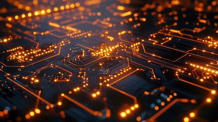 Glowing orange circuit board representing digital technology and data processing