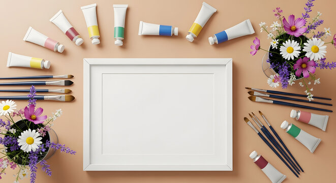 Artistic flat lay with blank white frame mockup, colorful paint tubes, brushes, and fresh flowers on a peach background, ideal for creative projects. - Powered by Adobe