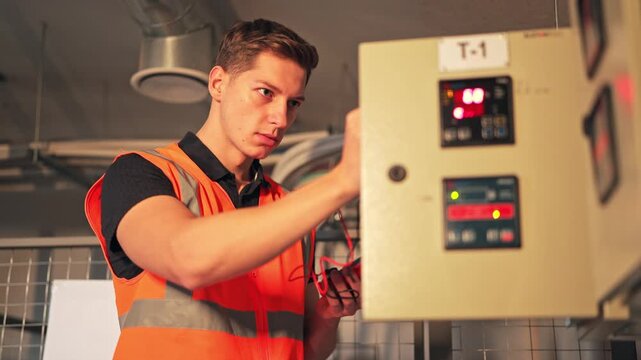 Focused technician inspecting industrial control panel. Diligence and expertise shown during maintenance work. Demonstrates precision and confidence in electrical testing, ensuring system safety.