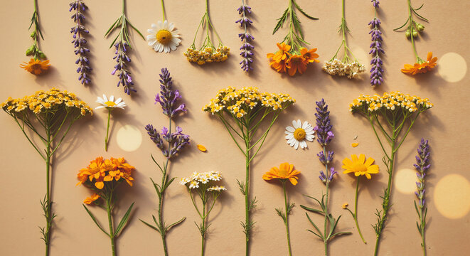 Colorful wildflowers arranged on a beige background with bokeh