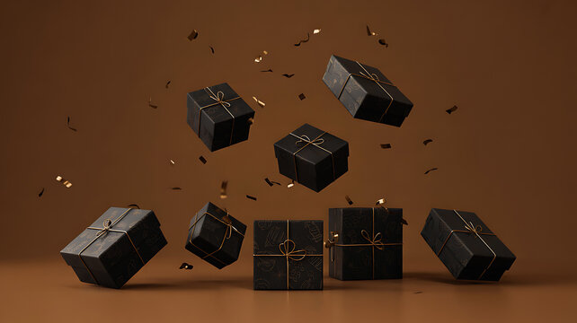 Elegant black gift boxes floating with confetti a modern and luxurious presentation for celebrations holidays and special occasions