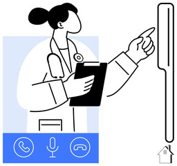Doctor with stethoscope and clipboard engaging in online interaction, with icons for call, microphone, and video. Ideal for telemedicine, digital health, remote care, consultation, innovation