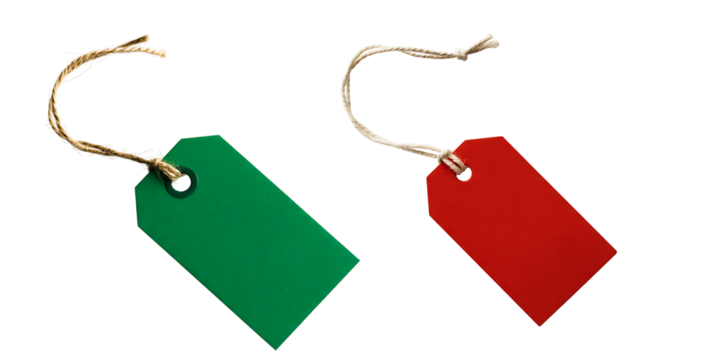 Two blank price tags red and green isolated on a white background. PNG price tags with strings.