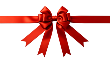 A glossy red satin bow with extended curled ribbons, ideal for gift packaging and festive theme designs.