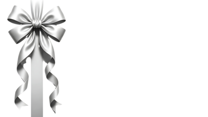 A tall, elegant silver metallic ribbon bow with long hanging tails, suitable for premium decorative purposes.