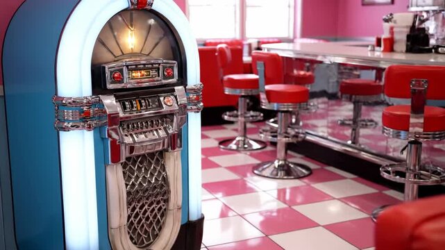 Vintage jukebox in a colorful retro diner with cheerful ambiance.