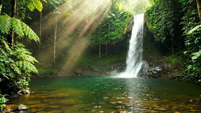 A serene tropical waterfall cascades into a tranquil pond surrounded by lush greenery.