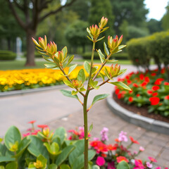 Euphorbia plant in park green poisonous leaves,  flower beds from the entrance of people dogs or bicycle entry into flower beds separates the lawn road road