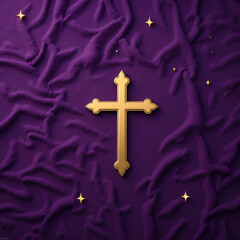 Liturgic purple velvet with golden Christian Coptic Orthodox Cross. 3D illustration background for worship live stream church sermon. Concept for Cross of Our Lord, Lent, Great and Holy Thursday.