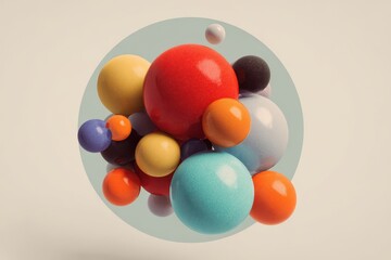 Abstract 3D Cluster of Glossy Multicolored Spheres in a Circular Frame, Modern Art.
