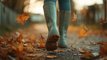 person wearing boots walks through fallen autumn leaves
