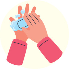 Close Up Of A Person Washing Hands With Soap And Water Creating Bubbles Against A Creamy Yellow Circular Background With A Transparent Overlay Detailed Illustration of Hygiene Practice