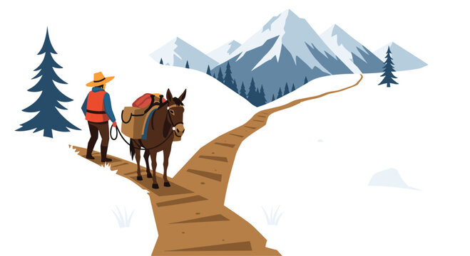 Adventurous traveler with pack mule trekking across snowy mountain landscape, vibrant outdoor scenery for travel blogs and adventure promotions