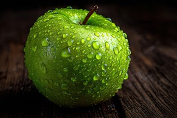 Vibrant Green Apple with Water Droplets on Rustic Wooden Surface, Close-up.
