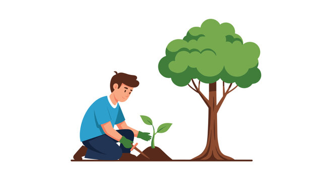 Man planting a young tree in a garden, nurturing nature's growth and fostering environmental awareness, symbolizing a greener future for all - Powered by Adobe