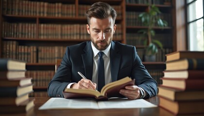 Man in suit writes in book at desk in old library. Lawyer studies law books surrounded by shelves of old legal texts. Confident professional researches knowledge indoors.