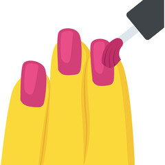 Close up of a yellow hand applying bright pink nail polish to fingernails with a dark nail polish bottle in a simple illustration with a transparent background