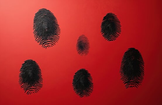 Black fingerprints on a red background. Unique human prints are symbols for identity and crime scene investigation. Biometric data is collected for identification purposes.