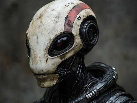 Detailed portrait of a weathered alien cyborg head with red markings and glowing eyes