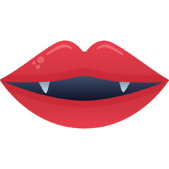 Close up of glossy red vampire lips with subtle fangs and a dark interior against a transparent background